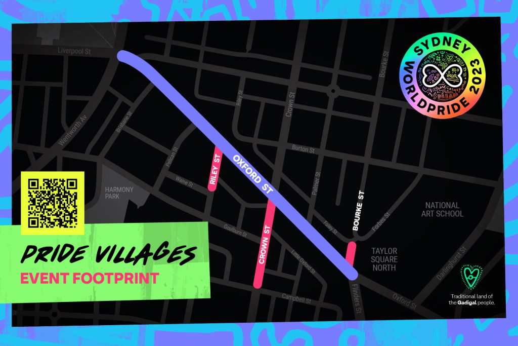 Pride villages event footprint map. Contains a QR Code with a link to the WoldPride website.